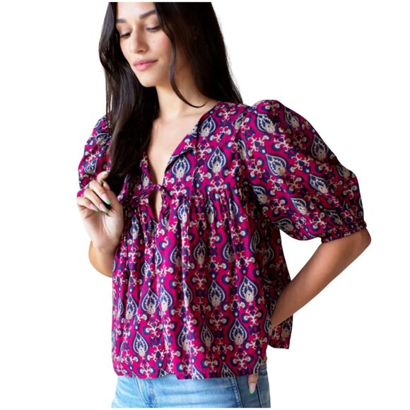 Emerson Fry India Collection Puff Isla Top in Pink Indigo Organic size XS / S - Picture 1 of 11